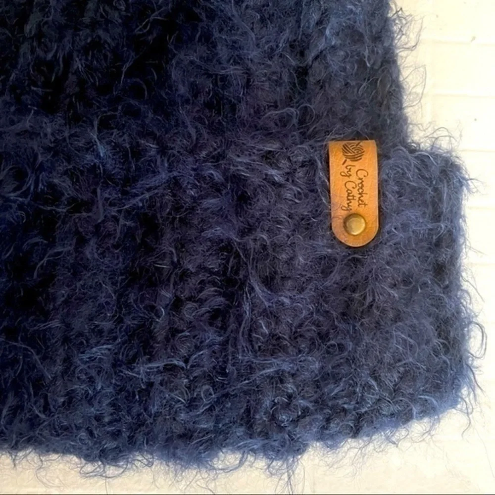 Handmade Crochet Fuzzy Warm Wool Blend Cable Knit Hat Dark Blue Beanie Winter